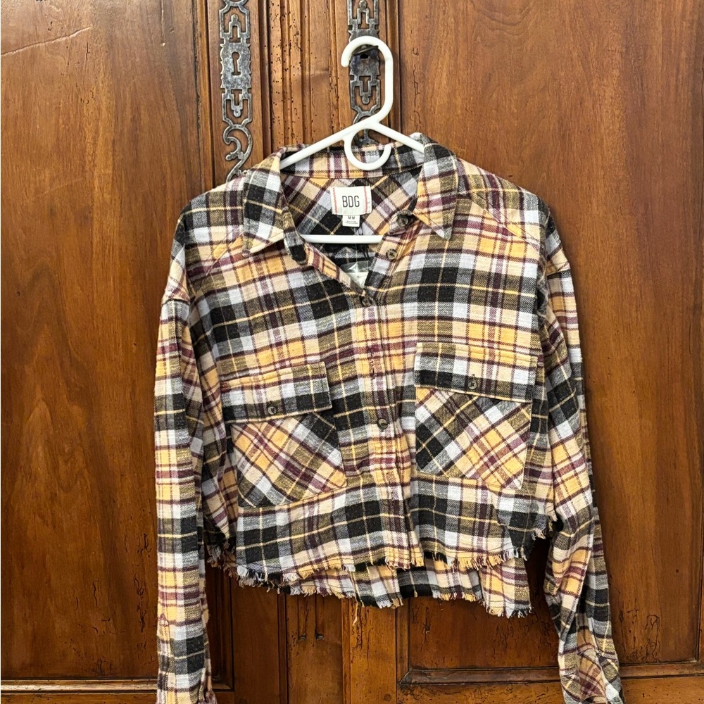 BDG Women's Plaid Cropped Utility Jacket - Black, Yellow, Cream